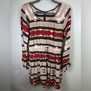 Gianni Bini Beige and Red Patterned Long Sleeve Dress‎ Sz Large